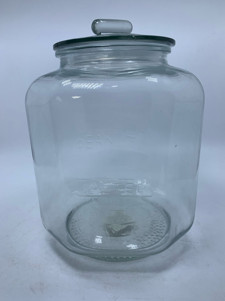 LARGE CLEAR GLASS "PEANUT" CANISTER.