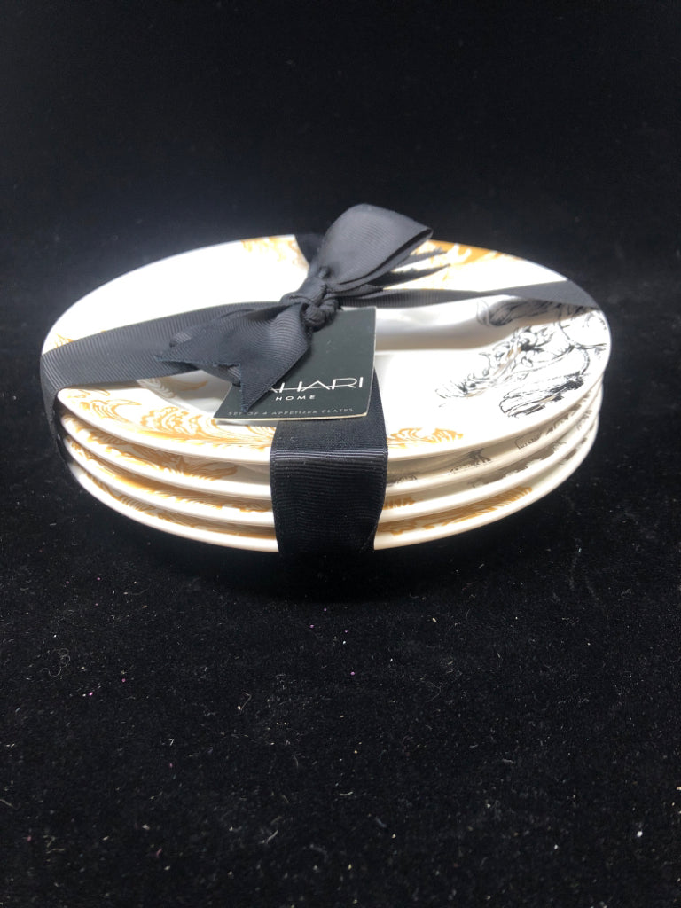 NIP 4 APPETIZER PLATES WHITE/BLACK GOLD SCROLL DESIGN.