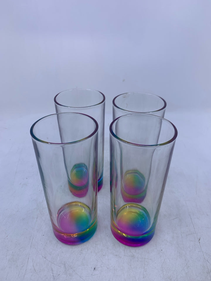4 SKINNY GLASSES W/ RAINBOW BOTTOM.
