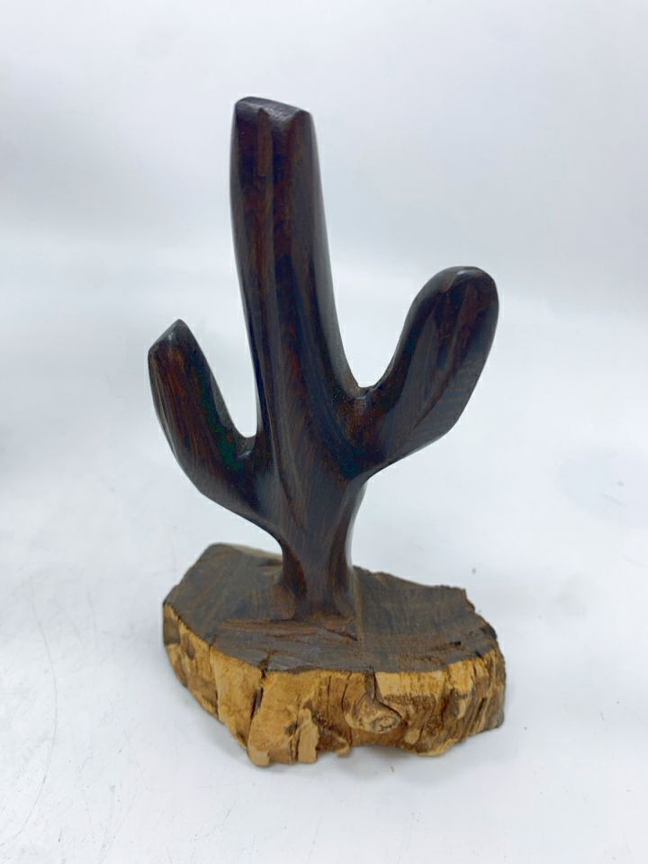 WOOD CACTUS ON WOOD FIGURINE.