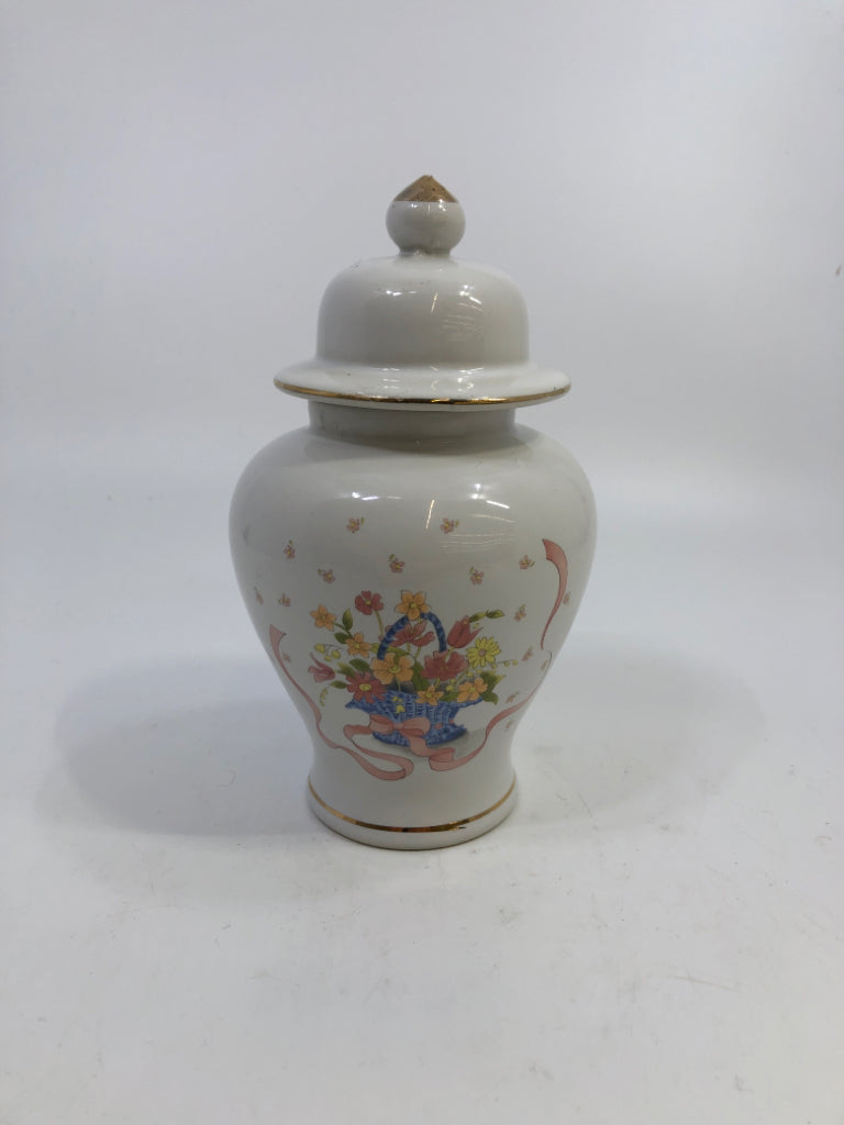 BOUQUET PAINTED FINE CHINA URN JAR W/LID.