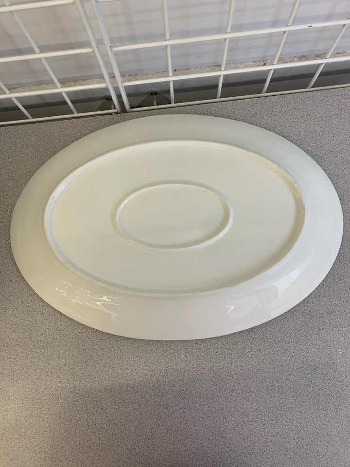 PEACH STRIPE OVAL CERAMIC SERVING PLATTER W/GOLD TRIM.