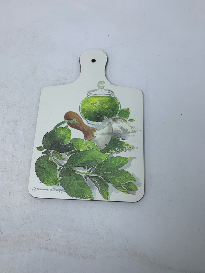 SMALL WHITE CUTTING BOARDS W/ HERBS & JAR.