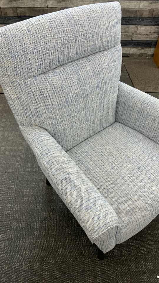 BLUE STRIPE UPHOLSTERED ACCENT CHAIR.