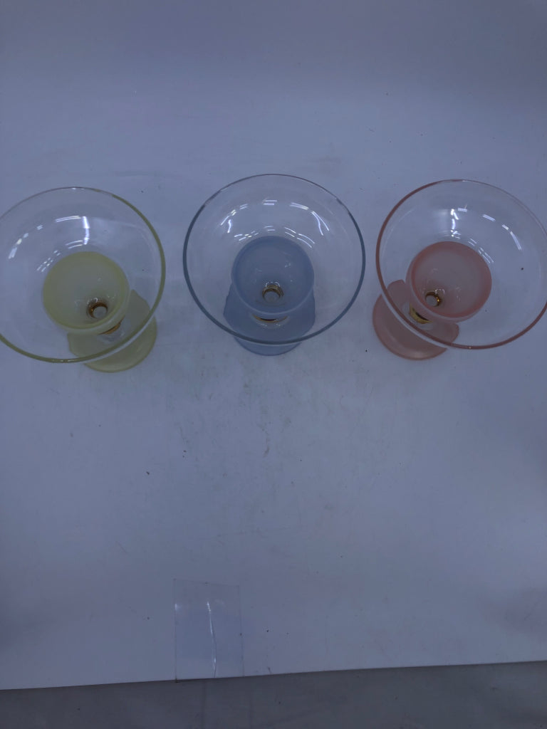 6 VTG COLORFUL SHORT COCKTAIL GLASSES-PINK, YELLOW, BLUE.