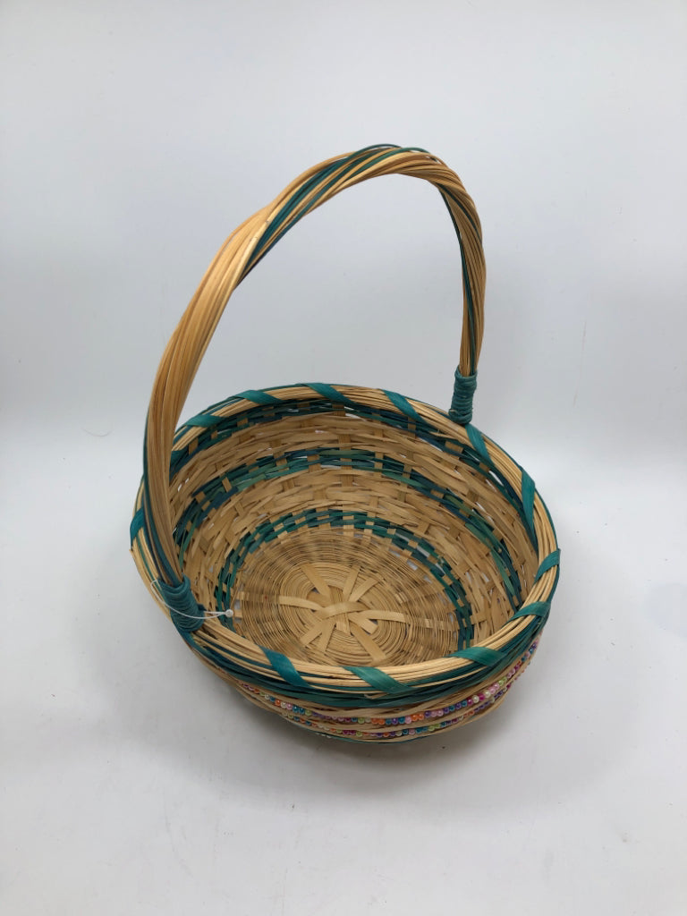 BLUE BEADED WICKER BASKET.