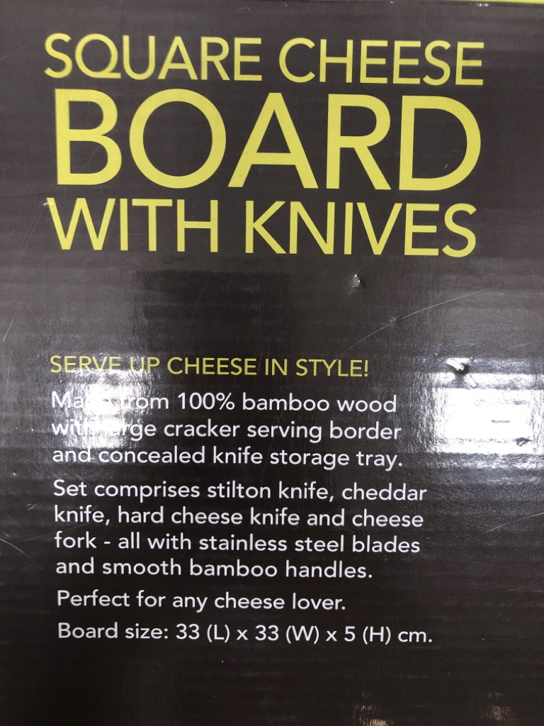 VONSHEF SQUARE CHEESE BOARD W/KNIVES IN BOX.
