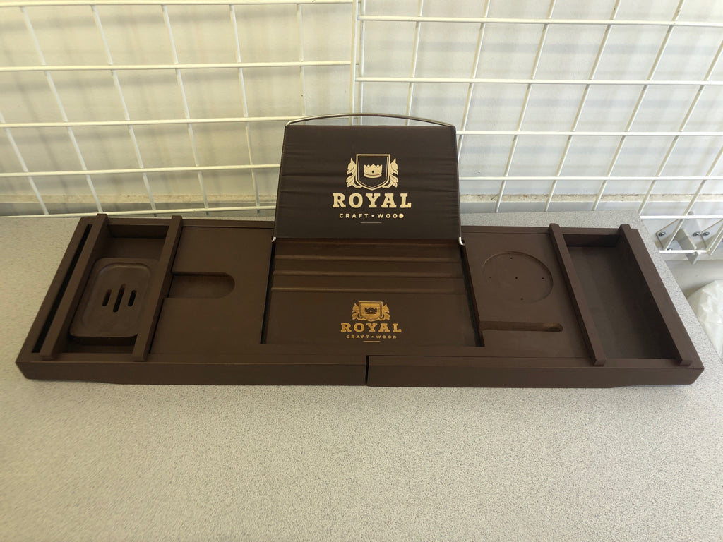 DARK WOOD EXPANDABLE BATH TRAY W REMOVABLE PIECE.