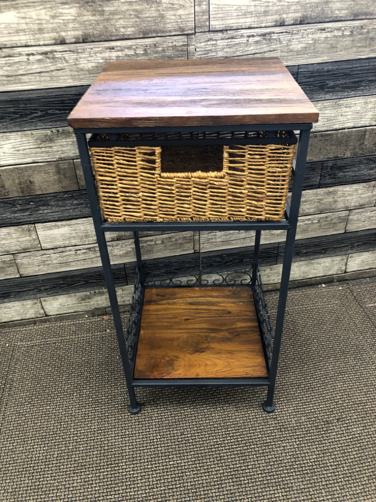 2 TIER SQUARE SIDE TABLE W/ WICKER DRAWER METAL LEGS.