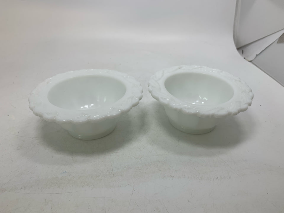 2 MILK GLASS BOWLS W/ DETAILED TRIM.