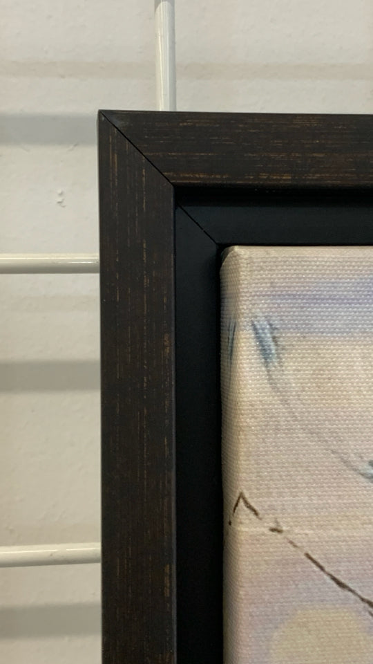 BROWN TEAL ABSTRACT CANVAS IN BLACK WOOD FRAME.