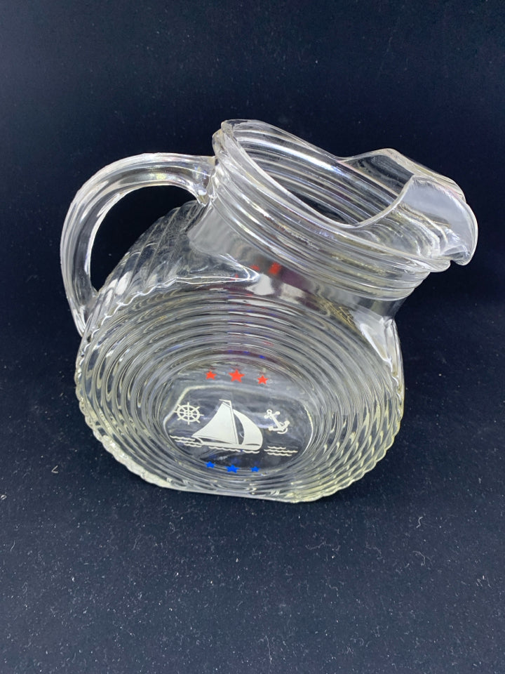 VTG ROUND SLANT PITCHER W SAILBOAT.