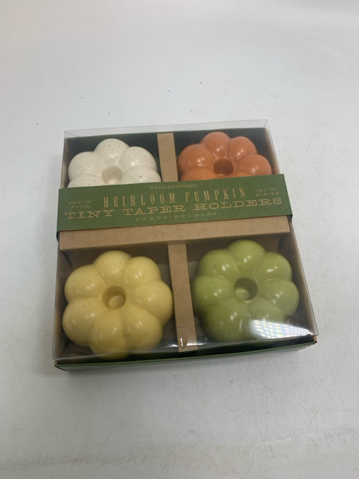 NIB WILLIAM SONOMA 4 ASSORTED HERLOOM PUMPKIN TINY TAPERED CANDLE HOLDERS.