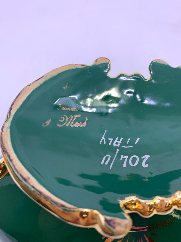 GREEN GOLD CERAMIC FOOTED OVAL PLANTER W/ FLOWER DESIGN SIGNED.