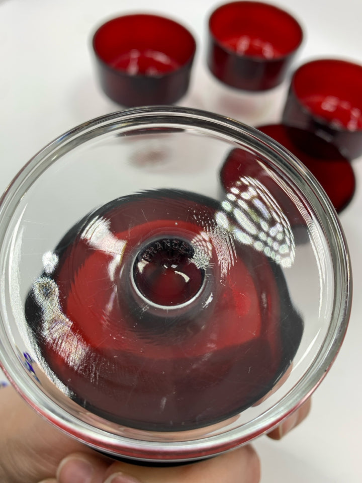 5 RED GLASS TRIFLE DISHES.