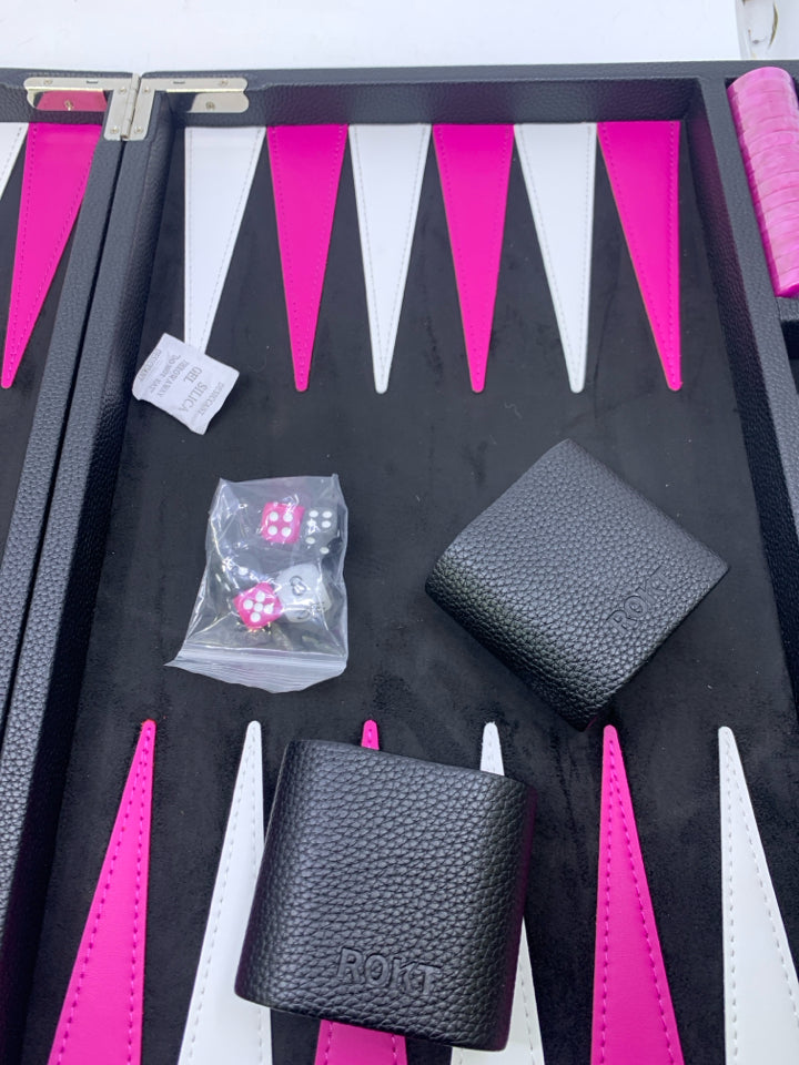 BLACK LEATHER CASE BACKGAMMON SET PINK/WHITE INTERIOR.