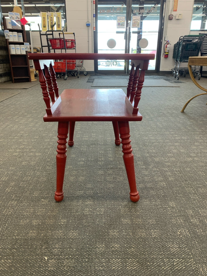 RED PAINTED END TALE WITH TOP SHELF.