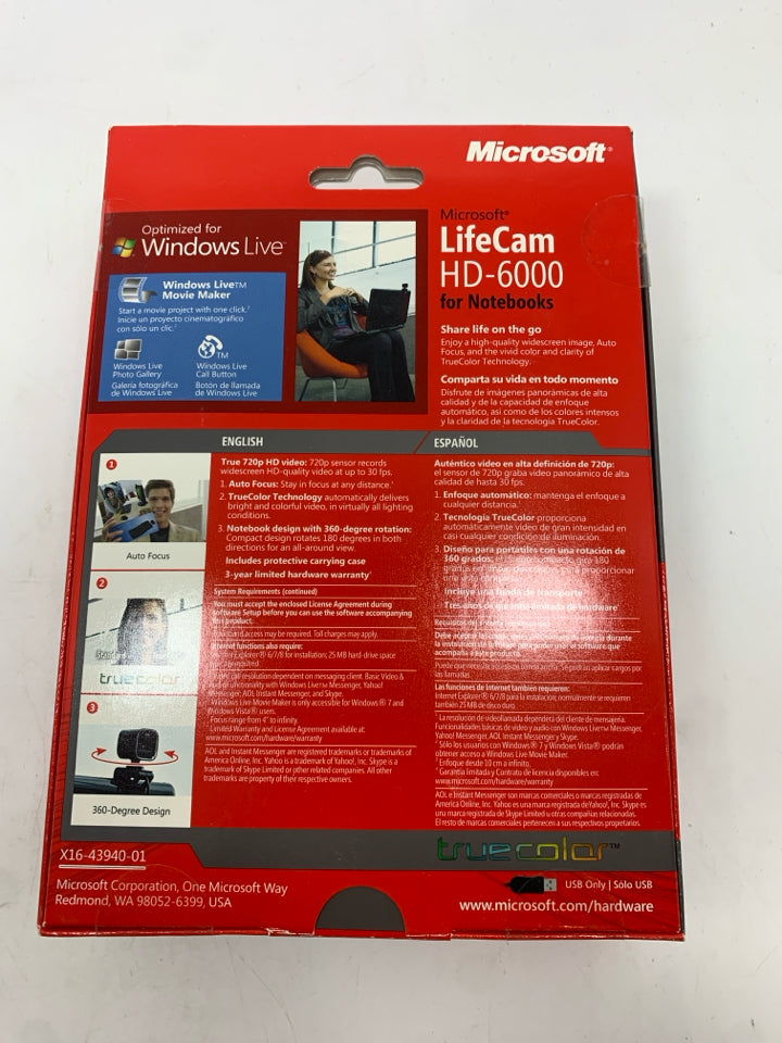 NIB MICROSOFT LIFECAM WEBCAM FOR NOTEBOOKS- HD-6000