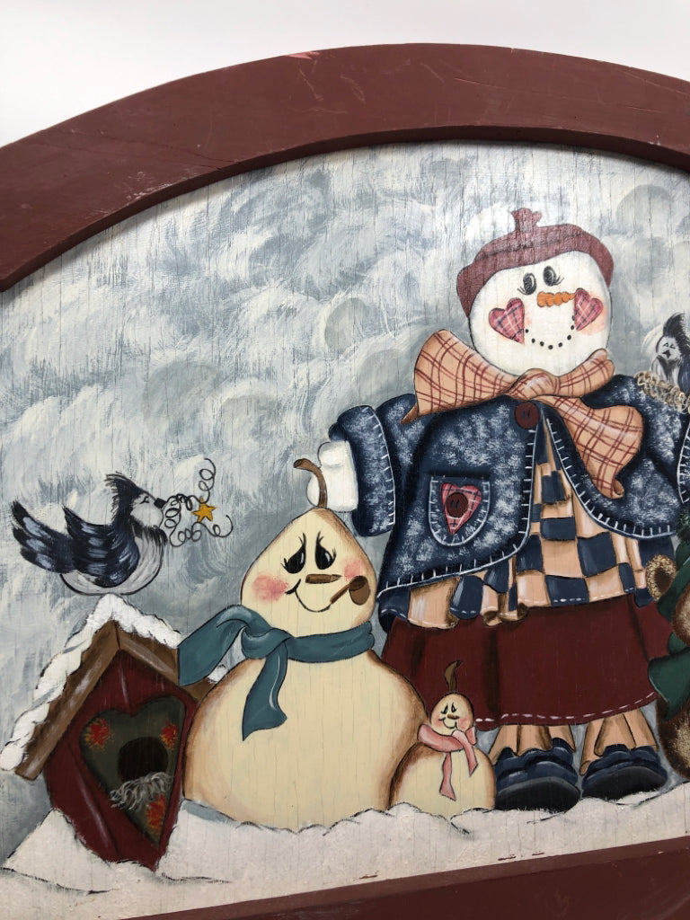 PRIMITIVE SNOWMAN IN RED FRAME WALL HANGING.