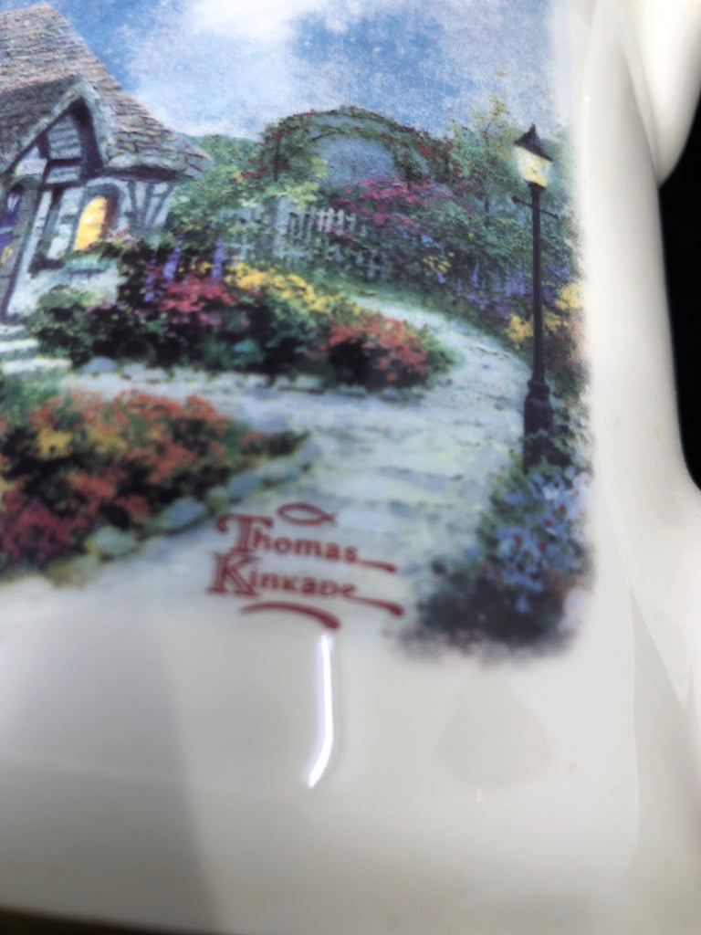 THOMAS KINKADE WATERING CAN WITH GOLD TRIM PLANTER.