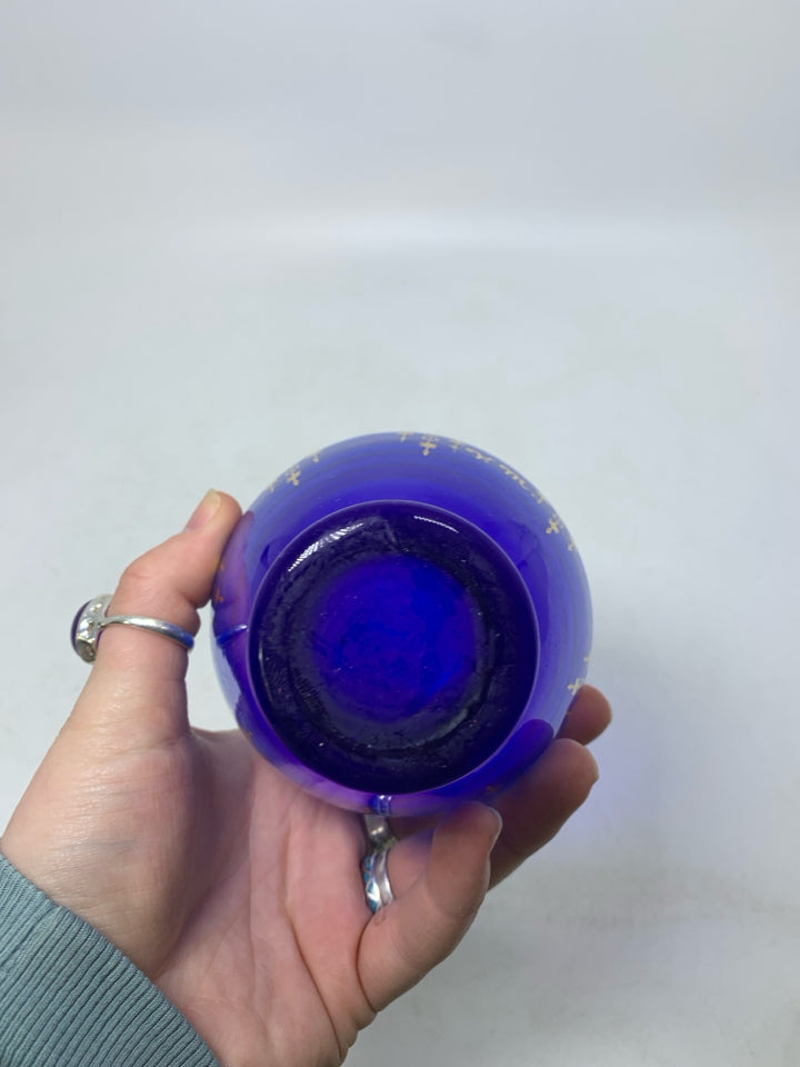 COBALT BLUE VASE W/ HEAVY GOLD DETAIL.