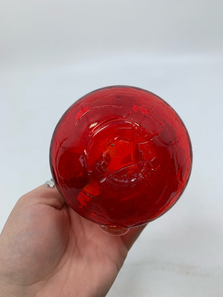 SMALL RED CRACKLE BLOWN GLASS PITCHER.