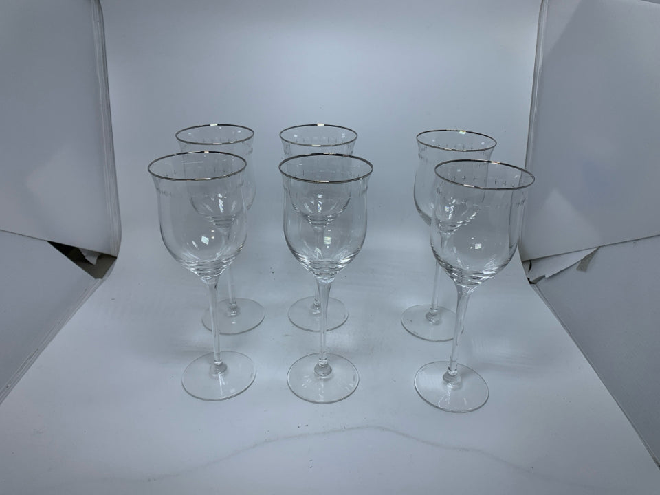 6 CRYSTAL PEARL PLATINUM WATER GOBLETS.