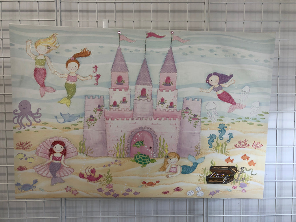 MERMAIDS WITH PINK SAND CASTLE CANVAS WALL ART.
