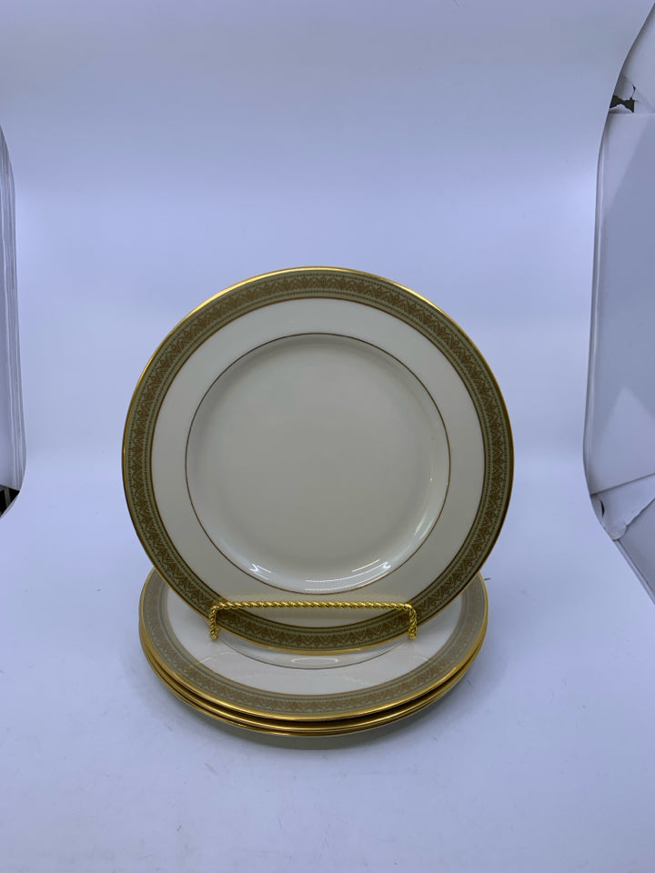 4 GREENFIELD PATTERN DINNER PLATES W/ GREEN EDGE.