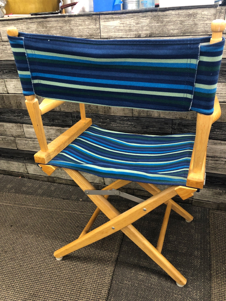BLUE/GREEN STRIPED BLONDE WOOD DIRECTORS CHAIR.