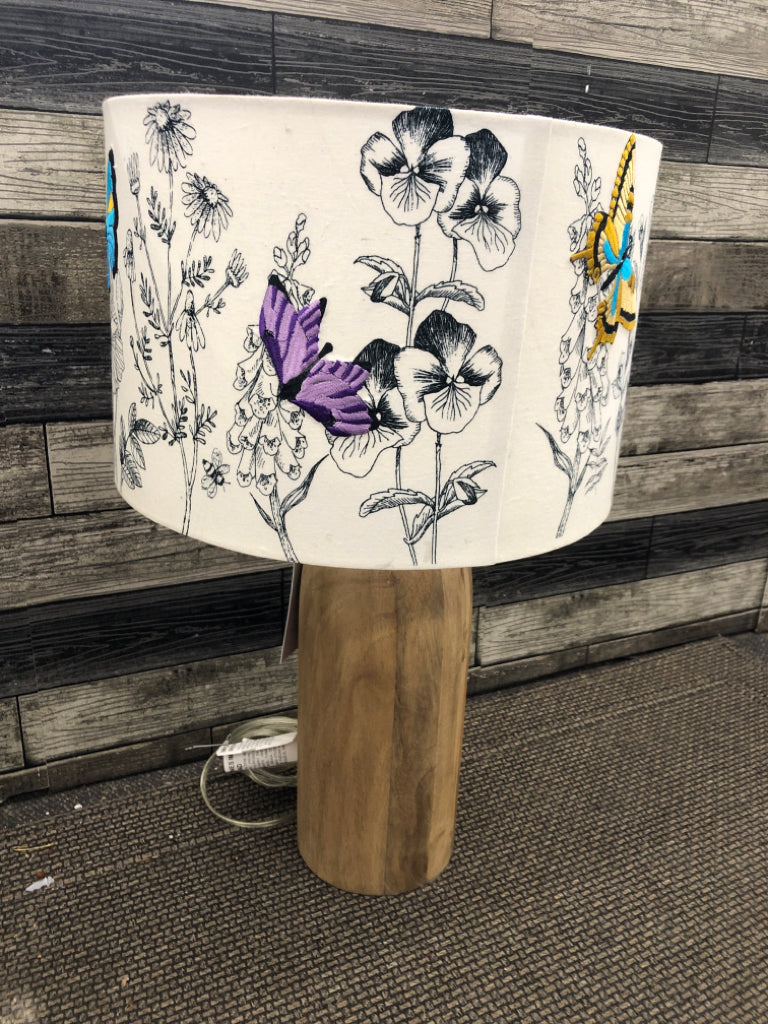 WOOD BASE LAMP W/ FLOWER SHADE-EMBOSSED BUTTERFLIES.