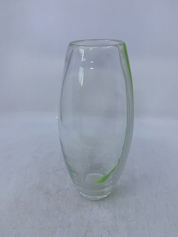 CLEAR HEAVY BOTTOM VASE W/ GREEN & WHITE STRIPE.