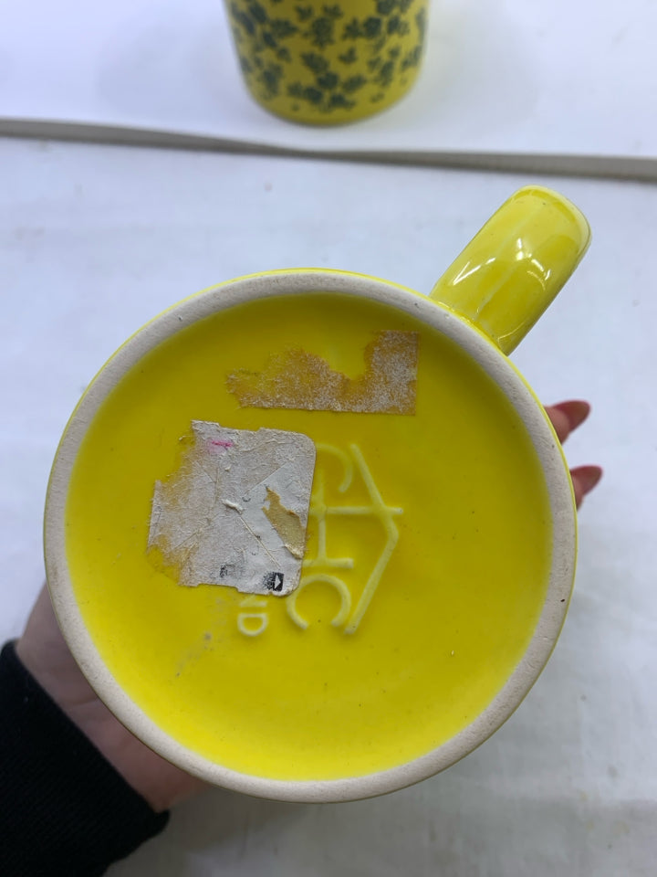 6 YELLOW W/GREEN FLOWERS MUGS.