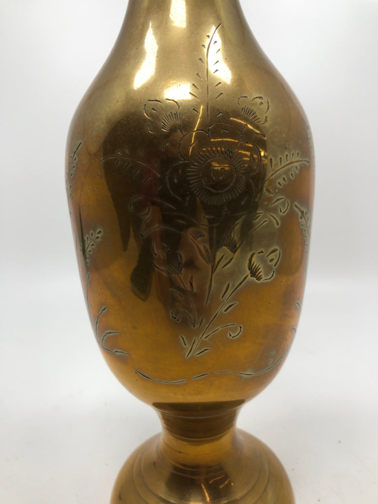 BRASS VASE W/ETCHED FLORAL DESIGNS.
