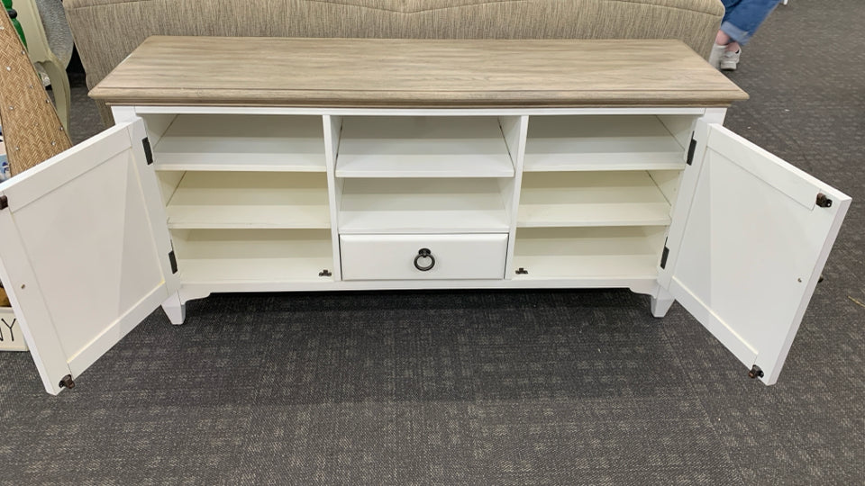 WHITE TV/ MEDIA CONSOLE W/GREY WOOD TOP, 2 DOORS DRAWER.