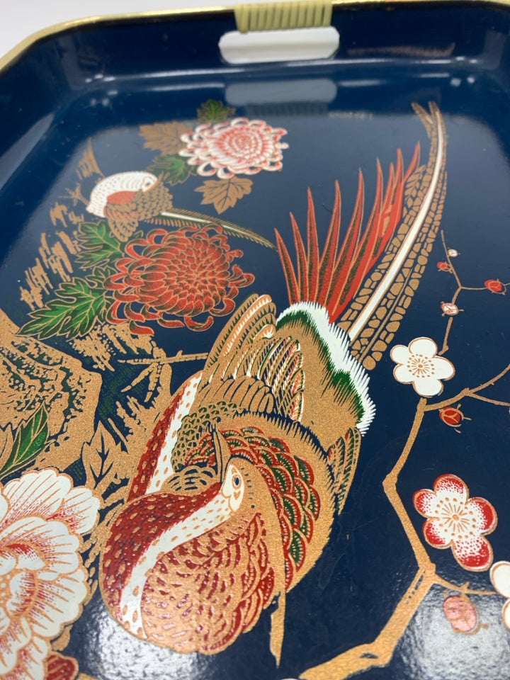 BIRDS PAINTED PLASTIC TRAY W/GOLD TRIM.