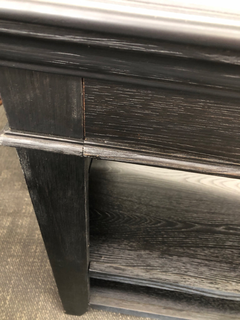 DARK WOOD TV CONSOLE W/2 SHELVES.