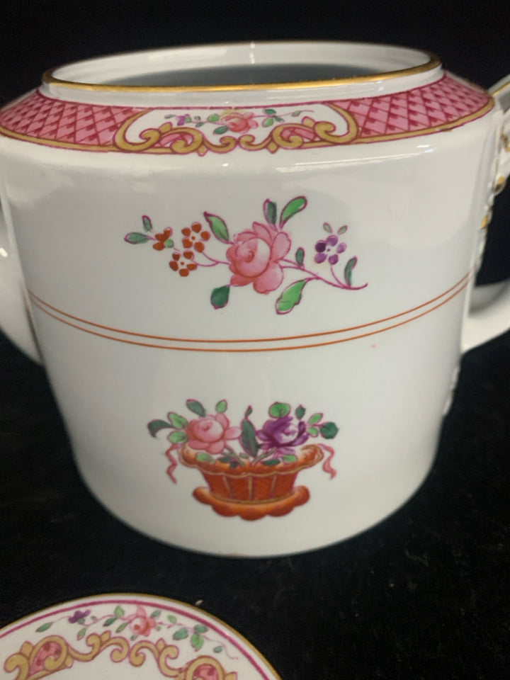 SPODE COPELAND GREY BLUE W PINK ACCENTS TEAPOT.