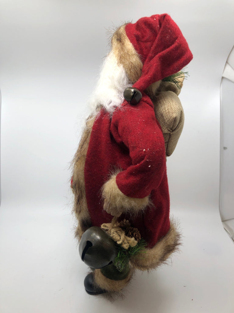 STANDING SANTA HOLDING BELL+SACK RED COAT,GREEN PANTS.