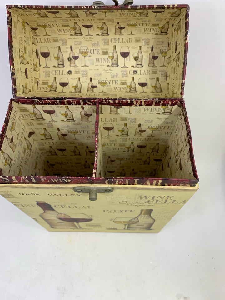 2 BOTTLE WINE CARRYING BOX W/METAL LATCH AND HANDLE.