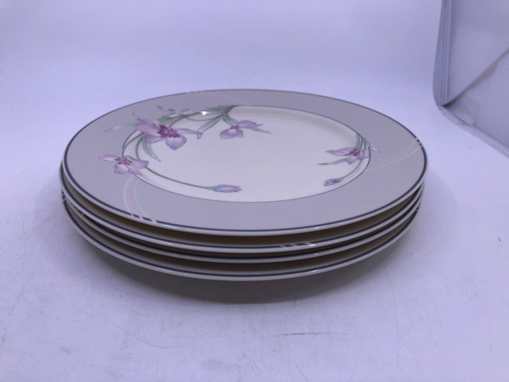 4 DINNER PLATES W GREY ACCENTS AND PURPLE FLORAL.