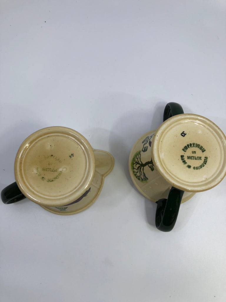 VTG farm AND MILK LADY SUGAR CREAMER SET TAN W/GREEN HANDLES.