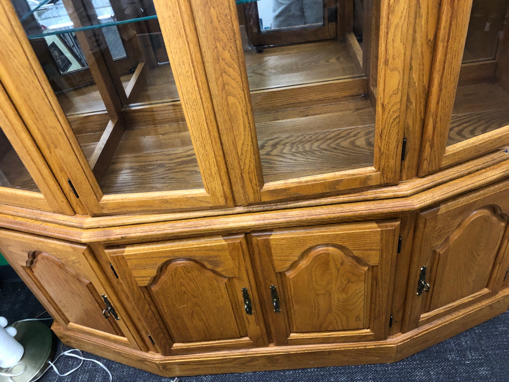 LARGE OAK WOOD HUTCH W GLASS SHELVES - 2PC.