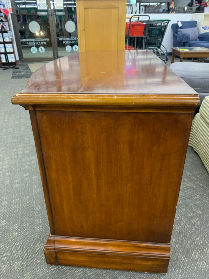 HEAVY CHERRY WOOD CHEST W/CURVED FRONT & 3 DRAWERS.