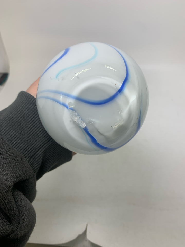 BLOWN GLASS VASE W/ BLUE DETAILS.