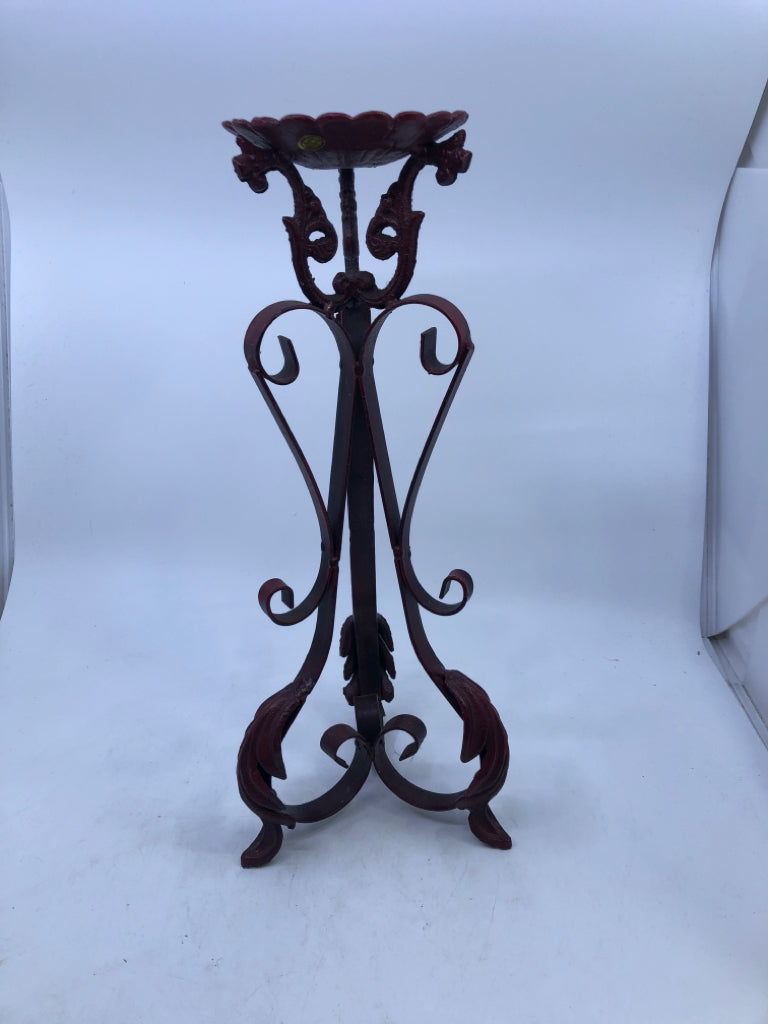 RED IRON SCROLL PILLAR CANDLE HOLDER.