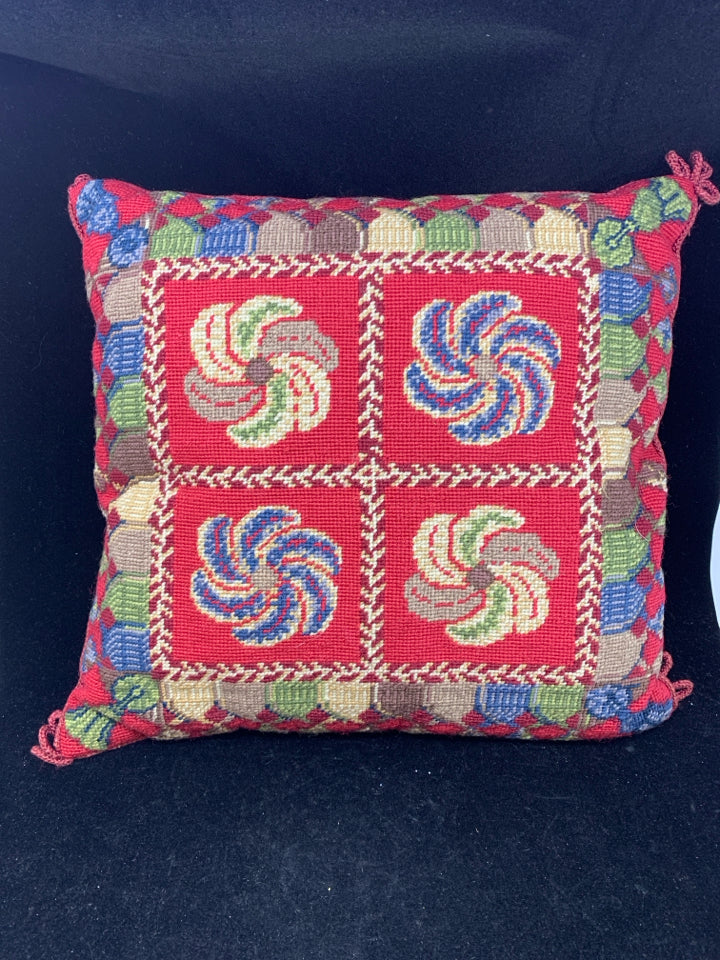 BLUE AND RED SQUARE PATTERN PILLOW.