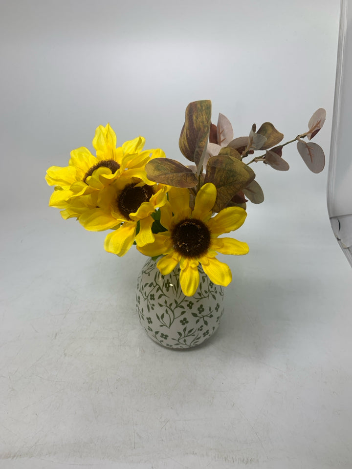 WHITE/GREEN VASE W/ FAUX YELLOW FLOWERS.