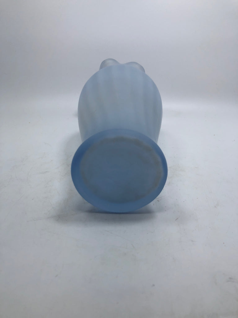 FROSTED BLUE TINT VASE W/RUFFLED RIM.