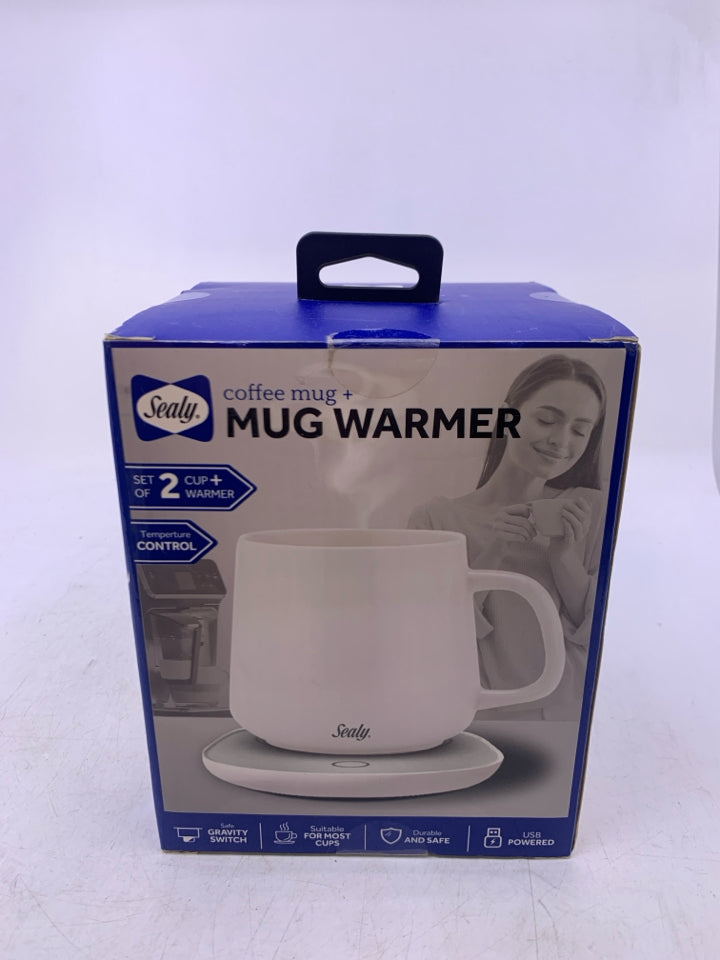 NIB SEALY COFFEE MUG + WARMER WHITE.